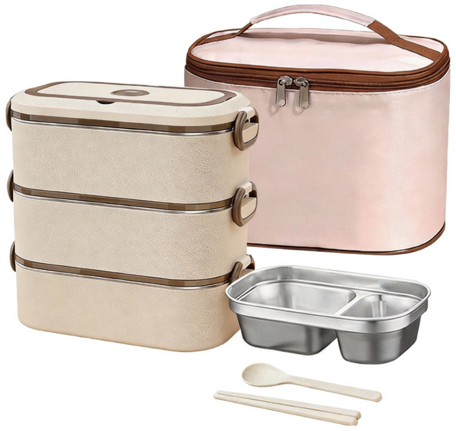 Frokom 한연솔 2단 3단 스텐 보온도시락통 전자레인지 적용 수저세트 휴대용보온백 포함 학생 직장인 런치박스 수능 보온도시락, 3단 베이지, 1개