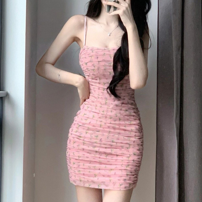 COSYEVNO 여성 여름 슬림핏 시스루 주름 미니 원피스 스파게티 스트랩 BCXbtq-5