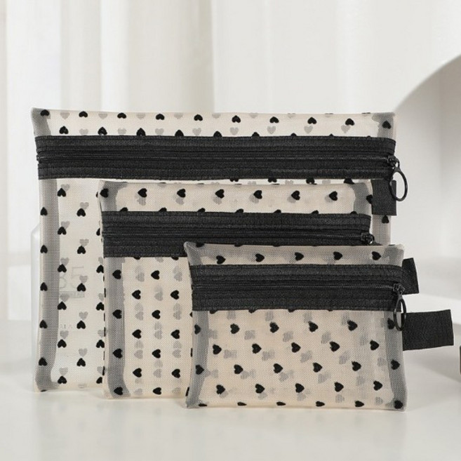 아르보니 휴대용 여행용 데일리 화장품 메이크업 정리 보관 매쉬 하트 파우치 세트