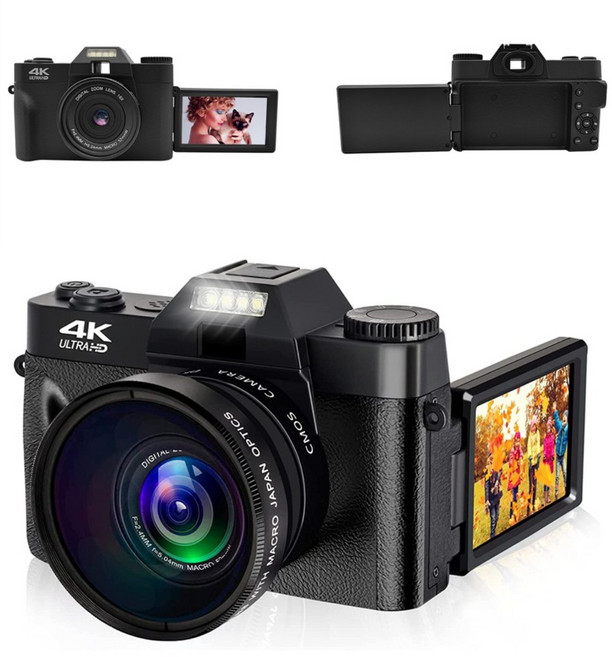 7500W 5K 영상 초고화질 카메라 WIFI 전송 3인치 사이드 플립 스크린 초고화질 디지털 디카 + 64G SD카드 + 한국어 설명서, 블랙