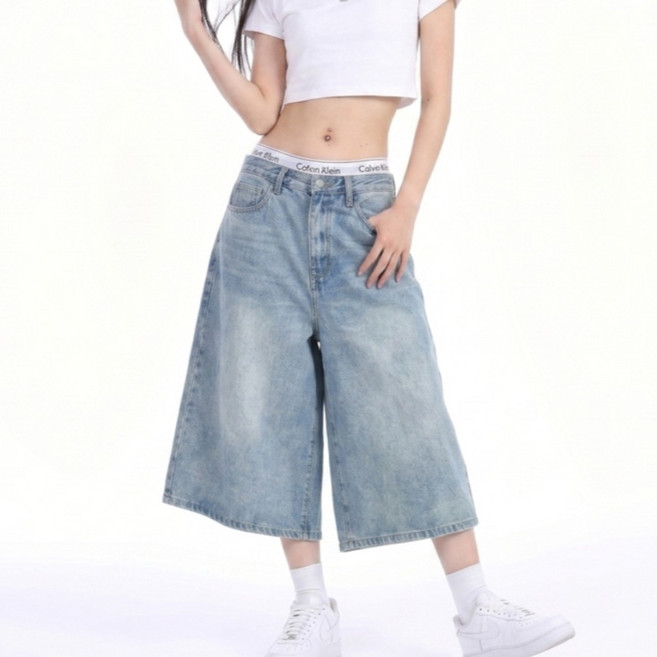BLK 여성 버뮤다 데님 팬츠 청바지 와이드 핏 여름