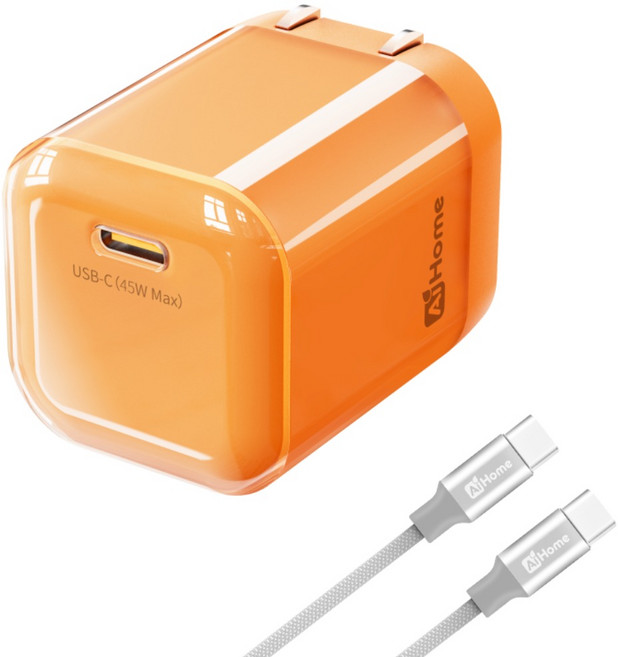 【小冰塊】45W氮化鎵快充組 支援16 Pro Max/Android GaN迷你PD充電器, 1套, 快充頭+1米快充線C轉C, 橙色