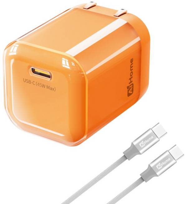 AJHome USB-C 45W Max 充電器 - 適用於 平板電腦 筆記型電腦和手機, 橙色快充頭+1米快充線C轉C, 1套