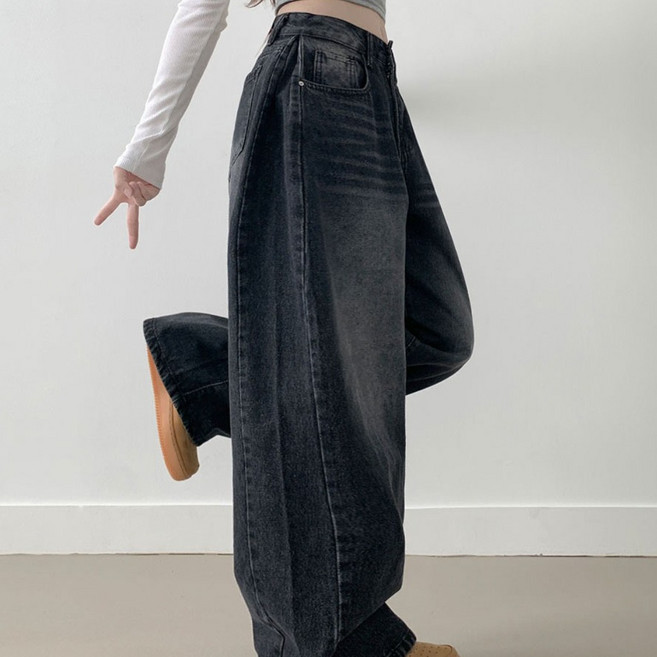 부기샵 벌룬 와이드 데님팬츠 라뚜 사이드핀턱 캣브러쉬 워싱 스냅버튼 조거 와이드 벌룬핏 군살커버 데님팬츠