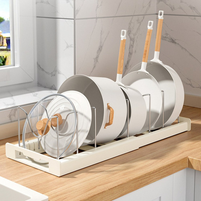 OMBRY 1+1 주방 확장형 후라이팬 정리대 간격 조절 접시 그릇 수납 선반, 화이트, 2개