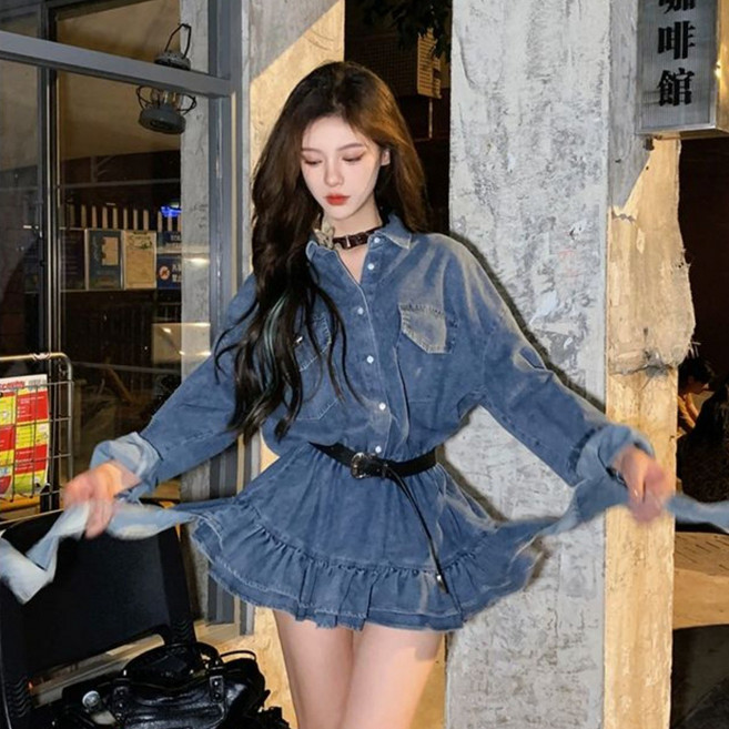 여성 긴팔 데님 원피스 캐주얼 봄 가을 슬림핏 청치마 원피스 기질 빈티지 a라인 터틀넥 데님 원피스 CY