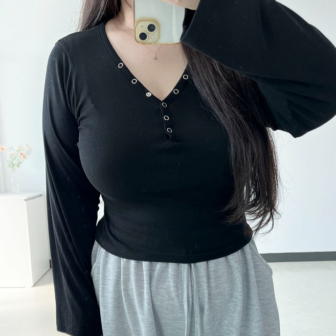 (66-99) 아비 팔뚝커버 빅사이즈 버튼 긴팔 티셔츠 신축성 섹시 글램 2XL