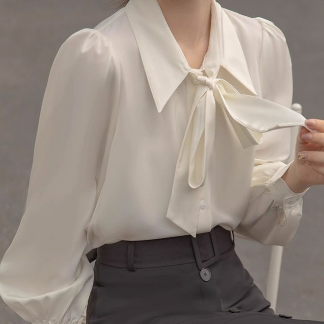 ANYOU 여성 봄 여룸 리본 쉬폰 직장인 정장 셔츠 블라우스