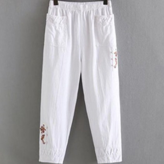 JUSTFEELING XL-4XL 밴딩 자수 면마바지 중장년 엄마바지 할머니바지 여름용 시원한 면 마 팬츠 빅사이즈 XL-4XL
