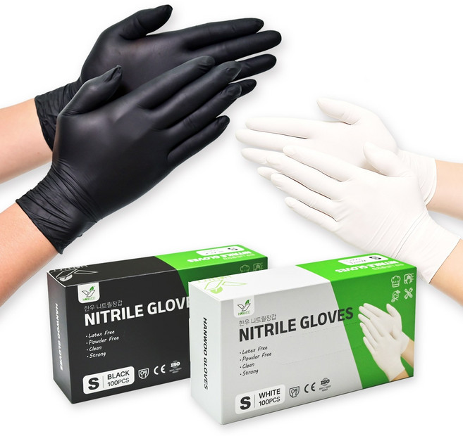 한우 니트릴장갑 100매입 무분말 식품용 일회용 주방 장갑, 1세트, M, 블랙