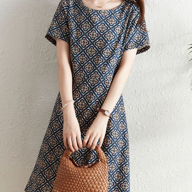 COSYEVNO 여성 여름 반팔 A라인 복고풍 패턴 원피스 LFHmmlyq-9