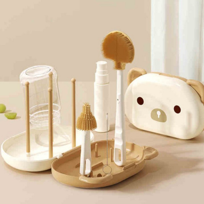 앙팡케어 젖병 빨대컵 건조대 세척솔 브러쉬 세트, 브라운곰(스탠드, 1개