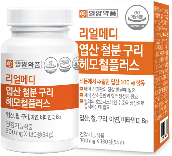 일양약품 리얼메디 엽산 철분 구리 헤모철 플러스 철분제 아연 엽산제 비타민 D B12 영양제, 180정, 1개