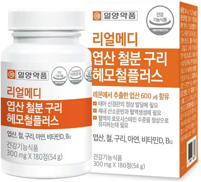 일양약품 리얼메디 엽산 철분 구리 헤모철 플러스 철분제 아연 엽산제 비타민 D B12 영양제, 180정, 1개 - 쿠팡