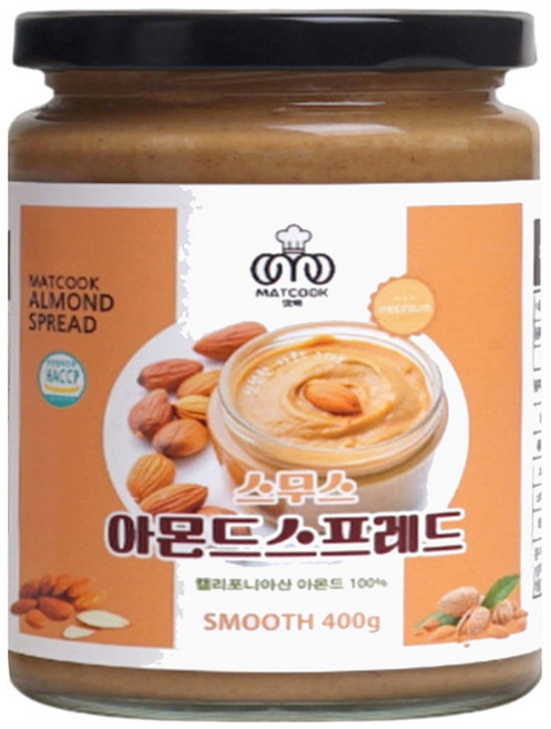 아쫀쿠 맛쿡아몬드스프레드400g 무첨가 아몬드쨈 아몬드버터 스무스, 1개, 400g