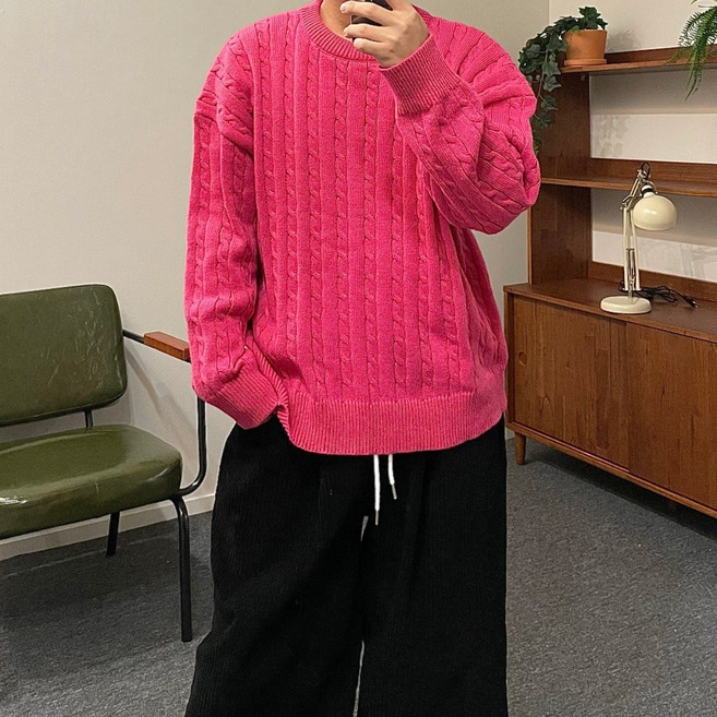 르위 오버핏 라운드 꽈배기 니트 남녀공용 스웨터 빅사이즈