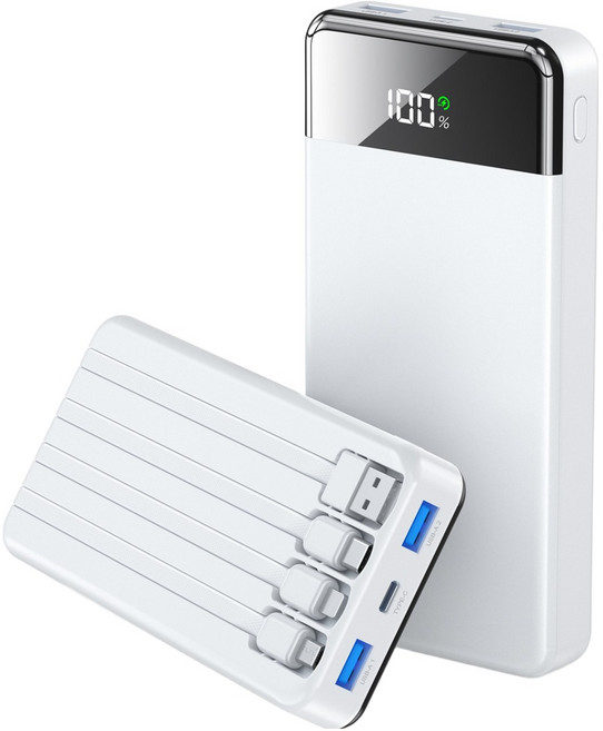 UOOFON 일체형 보조배터리 고속충전 30000mAh 대용량 PD 22.5W QC3.0 잔량표시+ 4개 케이블 멀티단자, 화이트, N6