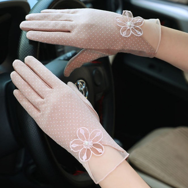 고맙토다 여성 장갑 봄 여름 가을 자외선차단 운전 장갑 망사 레이스 데이지 장식