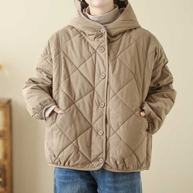 POMTOR 여성 가을겨울 누빔 보온 후드 숏 자켓 넉넉한 핏 따뜻한 패딩 점퍼 50대중년여성의류