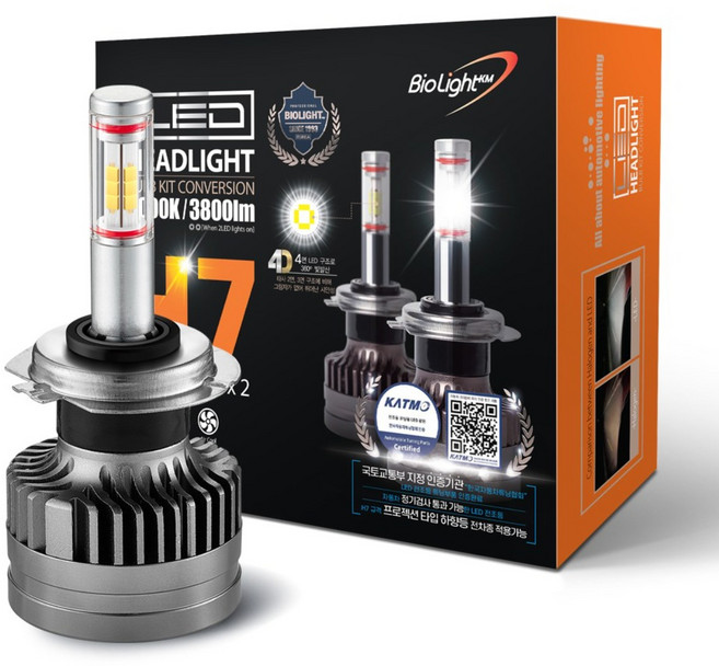 튜닝인증부품 바이오라이트 4면 합법 LED 전조등 헤드라이트 (1 Set), PIN-Type, 2개, H7