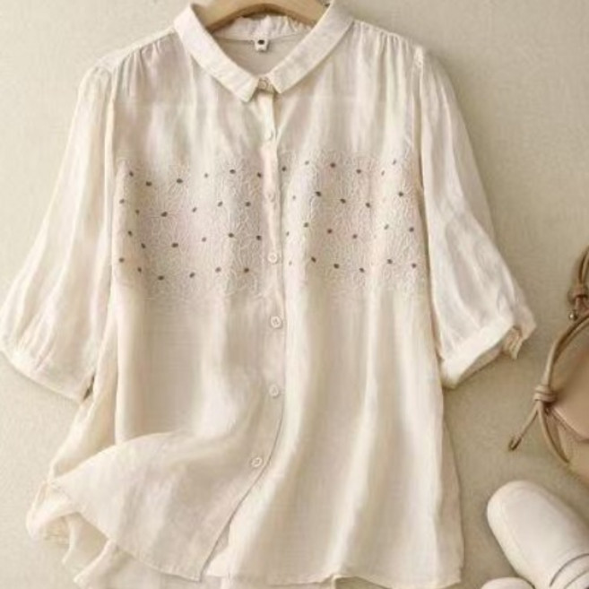 쩐쿠 여성 카라넥 면마 레이스 7부 블라우스 6985