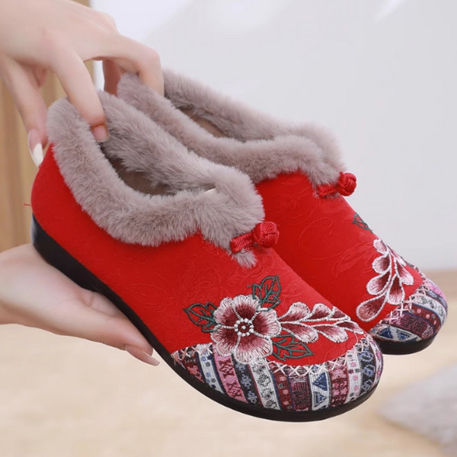 쌍천 여성 털단화 방한화 털신발 털고무신 엄마 꽃무늬 자수 할머니 털신 A25102304