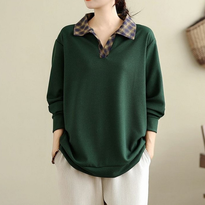 COSYEVNO 중년 여성 봄가을 체크 카라 루즈핏 긴팔 티셔츠 TZKmmtx-2