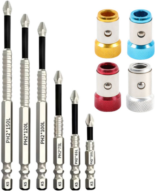 6종세트 고자력 자석 십자 드라이버 비트 세트 논슬립 충격 방지 드릴비트 세트 강자성 미크럼 방지 및 충격 방지 마그네틱 육각 k5 합금강+[4개세트]초강력 네오디움 자화기, 1개