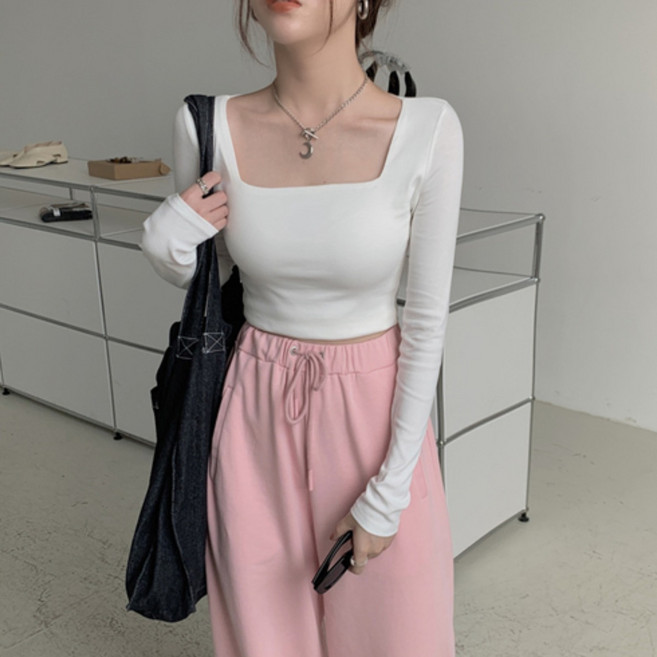 에르모소 여성 스퀘어넥 크롭 긴팔 티셔츠 여름 사계절 크롭티 H-C035S