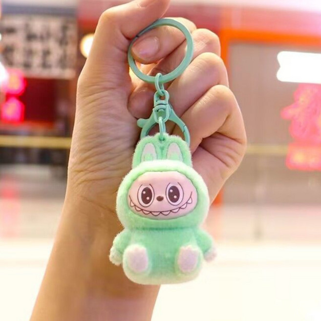 라푸부 벨벳 키링 인형 키홀더 귀여운 캐릭터 고리 자동차 가방 열쇠고리 감성 선물용 악세사리 부드러운 촉감 데일리 포인트 아이템 커플 키링 학생용 휴대용 장식품, 플록 라부부-그린 모델 (높이: 6cm), 1개