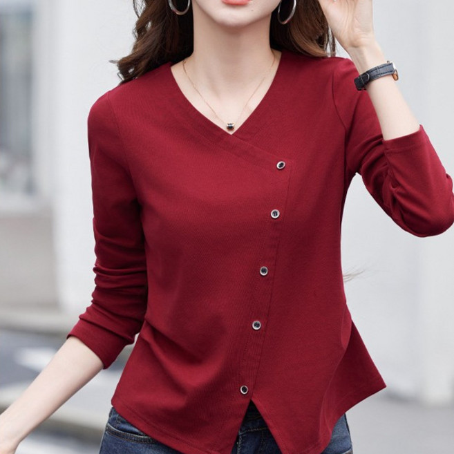 마구도가 여성 브이넥 언밸런스 컷 버튼 티셔츠 95% 순면 긴팔티셔츠
