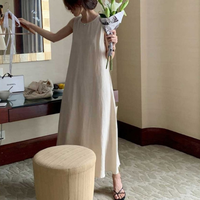 런어게인 트임 린넨 민소매 롱원피스