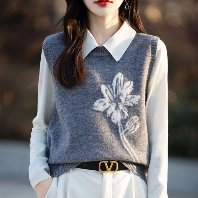 TKX 니트베스트 여성 플라워 패턴 울니트 조끼 심플 가을 겨울 민소매 K71