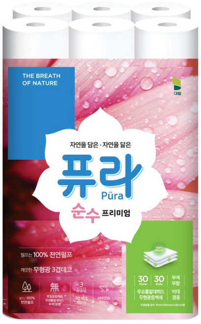 퓨라 순수 프리미엄 천연펄프 화장지 3겹 30m 30롤 1팩, 1개