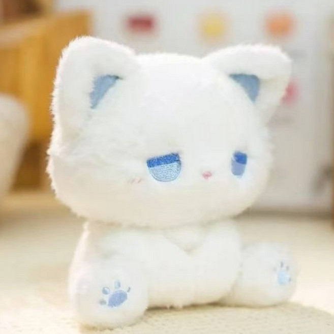 우울 고양이 인형 고양이 아이디어 봉제 완구 동물 봉제 인형 동물 피규어 동행 인형 생일 선물, 1개, 흰 고양이 파란 눈, 16cm