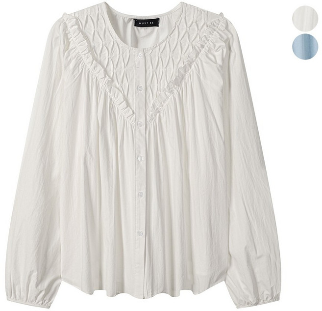 머스트비 브이 입체 러플 핀턱 블라우스