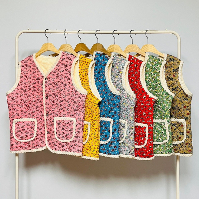 츄아랜드 할머니 꽃조끼 빈티지 융털 조끼 겨울 따뜻한 누빔털 꽃무늬 베스트 할매 엄마 촌캉스 할미룩