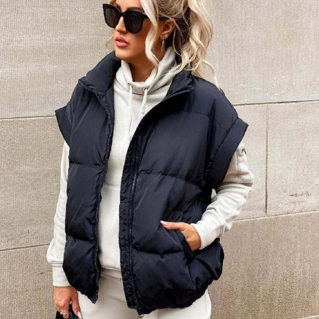 2025년 겨울 여자 지퍼 포켓 패딩 재킷 조끼 패션 스탠드업 칼라 데일리 2종 세트