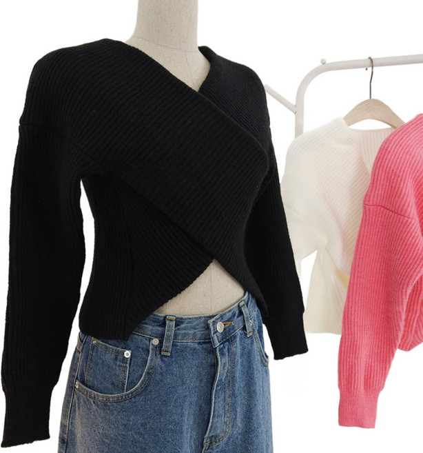 [트레스 333] 크롭 브이넥 스림핏 데일리 니트 스웨터