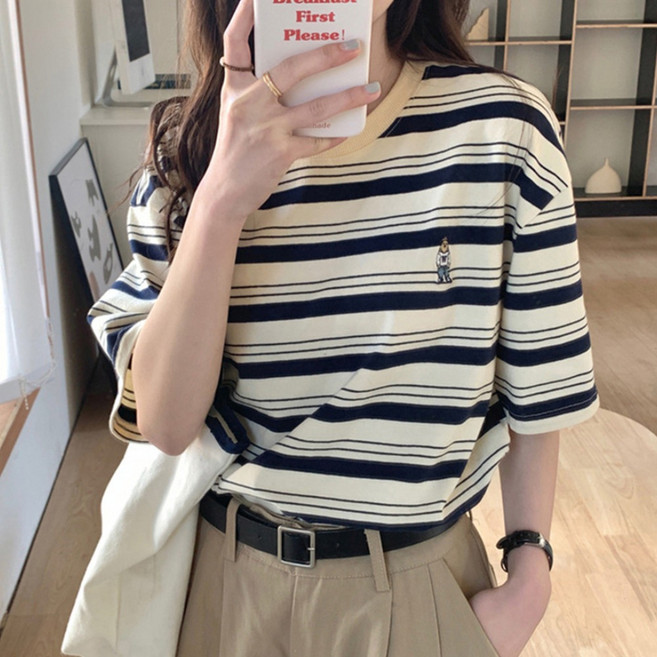 오우하하 여성 반팔티 곰돌이 스트라이프