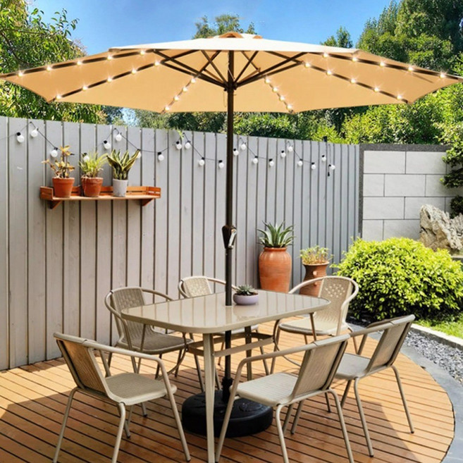 트리플리 감성 파라솔 야외테이블세트 테이블 의자 세트 카페 야외용 테라스 의자세트 4인 야외 옥상 태양광 조명, 베이지B 기본