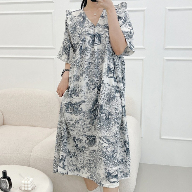 ~99 빅사이즈 반팔 원피스 잠옷 뜨왈 프릴 브이넥 오버핏 홈웨어 파자마