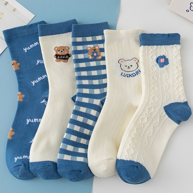 에코럭키 곰돌이 데일리 여성양말 5켤레 세트 중목 패션양말
