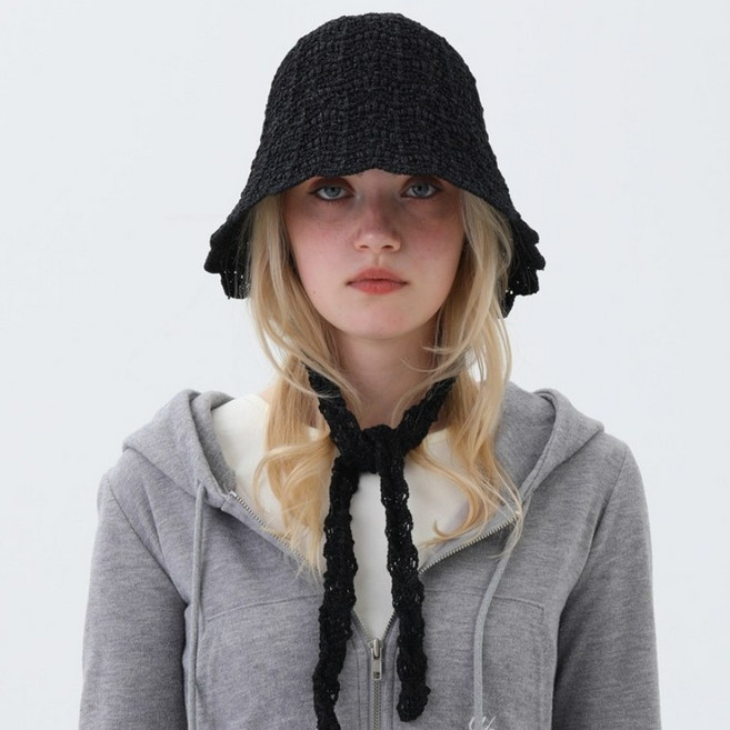 느와드코코 니트짜임 물결챙 리본끈 버킷햇 여성 감성 보넷 모자