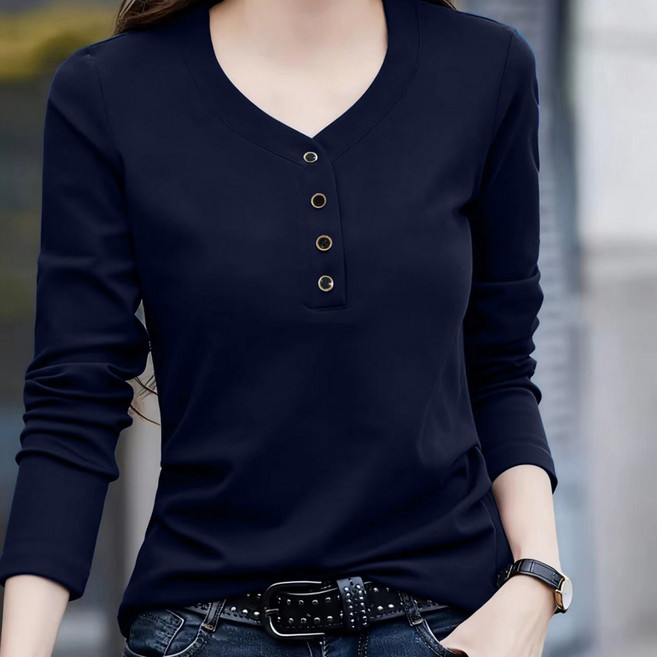 긴팔티셔츠 여성 패션 봄가을 이너 이른 봄 버튼 브이넥 상의
