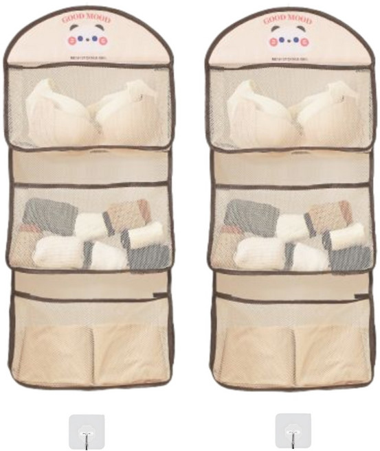 살림코드 걸이형 메쉬 수납 파우치 3단 1+1 정리 주머니 무타공 고리, 1세트, 3단 2개