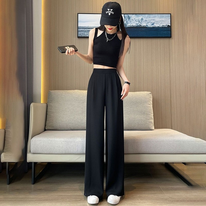 韓版鬆緊高腰垂感直筒寬褲 女裝
