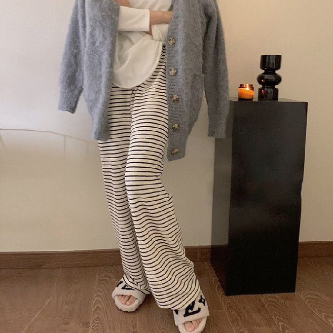 디한스 임산부 허리밴딩 봄 여름 캐주얼 바지 줄무늬 편안한 와이드팬츠