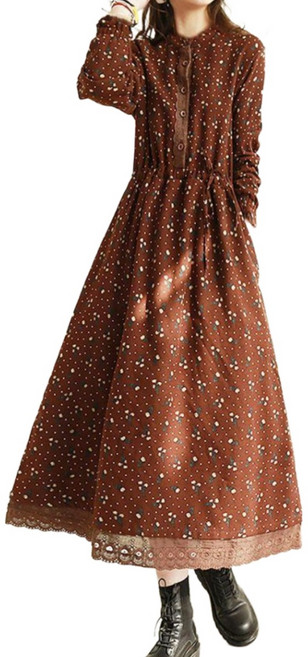 웨일쓰 여성 봄가을 루즈핏 하이넥 긴팔 쉬폰원피스 플라워 롱원피스