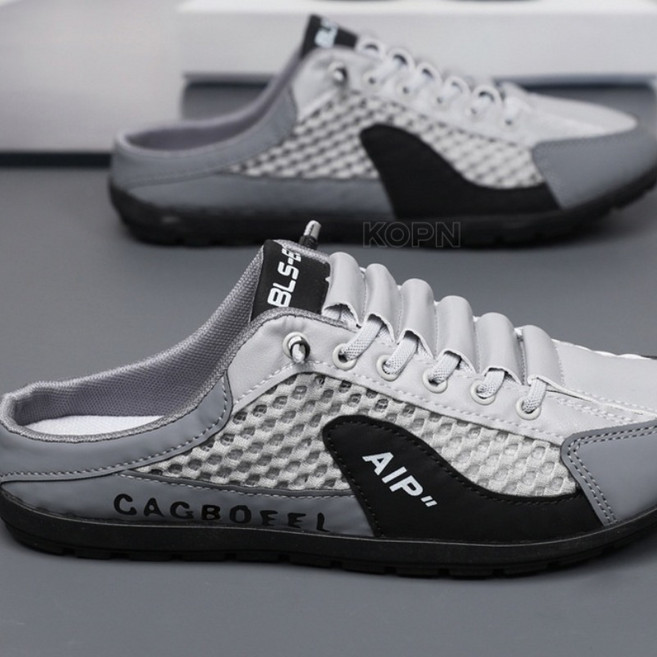 KOPN 가방 머리 반 슬리퍼 남자 여름 망면 통기 한 발 슬립온 패션 통기 망화